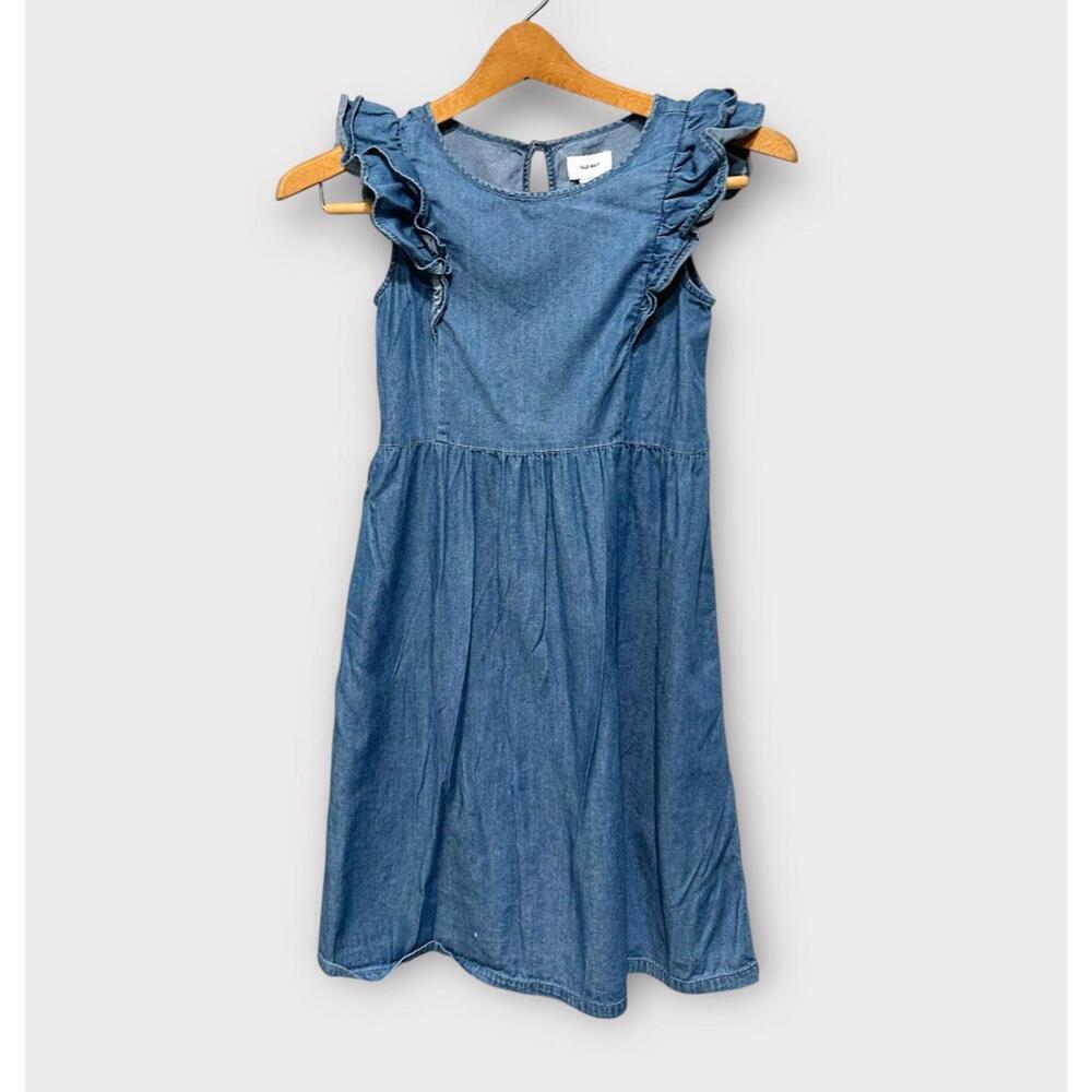 Old Navy Girls Chambray Dress Sleeveless Ruffle Med Wash Blue Knee Length Size M